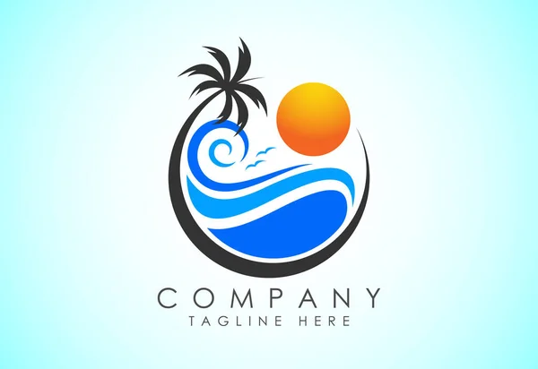 ビーチロゴデザイン ビーチの海の水のロゴのアイコンと太陽の日の出 — ストックベクタ