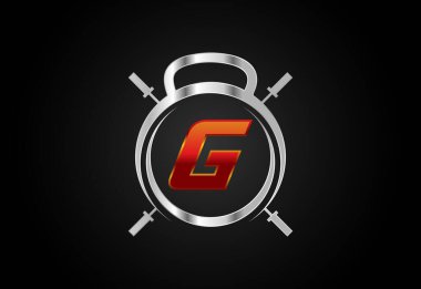 Spor salonu ve spor tabelalı İngiliz alfabesi G. Vektör logosu tasarımı kaldırılıyor. Vücut geliştirme için vektör logosu