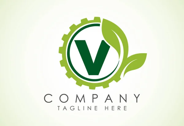 English alphabet V with gear and leaf. Eco technology logo, Green eco tech logo template design vector. Nature Industry
