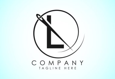 Dikiş iğnesi ve iplik simgesi olan İngiliz alfabesi L. Terzi logosu tasarımı konsepti.