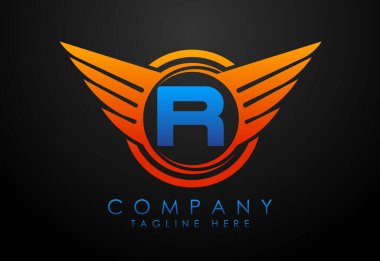 Kanat logosu tasarımlı İngiliz alfabesi R. Araba ve otomotiv vektör logosu