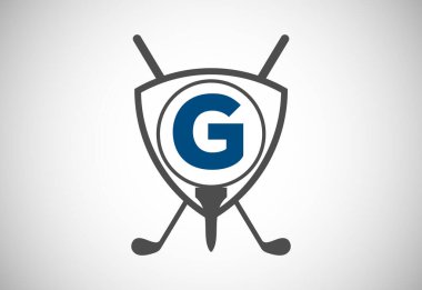 İngiliz alfabesi G, golf topu, golf sopası ve kalkan işareti. Golf kulüpleri için modern logo tasarımı.