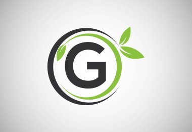 Yeşil yapraklı İngiliz alfabesi G. Organik, çevre dostu logo tasarım vektör şablonu