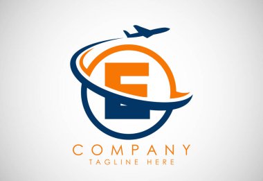 E alfabesini uçakla başlatın. Seyahat ikonları. Havacılık logosu işareti, uçan sembol. Uçuş simgesi