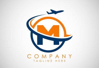 M alfabesinin ilk harfi, uçakla. Seyahat ikonları. Havacılık logosu işareti, uçan sembol. Uçuş simgesi