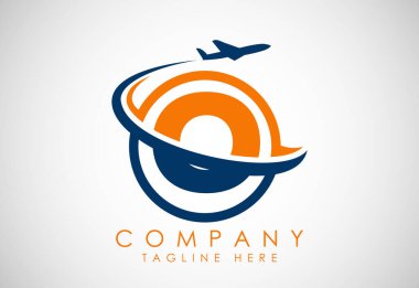 İlk alfabe O ve uçak. Seyahat ikonları. Havacılık logosu işareti, uçan sembol. Uçuş simgesi