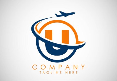 İlk alfabe U ve uçak. Seyahat ikonları. Havacılık logosu işareti, uçan sembol. Uçuş simgesi
