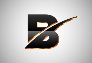 Altın ve siyah renkli alfabe B ve swoosh. Zarif Altın Renk Alfabesi vektör çizimi