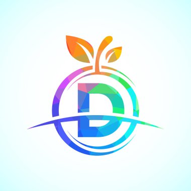 Soyut elma logosuyla D alfabesi. Sağlıklı gıda logosu tasarım şablonu
