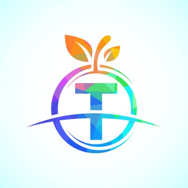 Soyut elma logosuyla T harfi. Sağlıklı gıda logosu tasarım şablonu