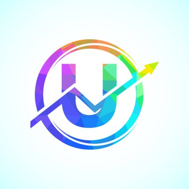 İlk alfabe U logosu dizaynı okla birleştirildi. Finansal ya da başarı logosu. Muhasebe işi ve şirket kimliği logosu