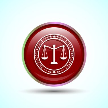 Adalet Ölçeklendirmesi Simge Tasarımı İllüstrasyon, Uygulamalar ve Web siteleri için Hukuki ve Adalet Hukuku Simgesi, Kırmızı Renkli Yuvarlak Düğme Tasarımı