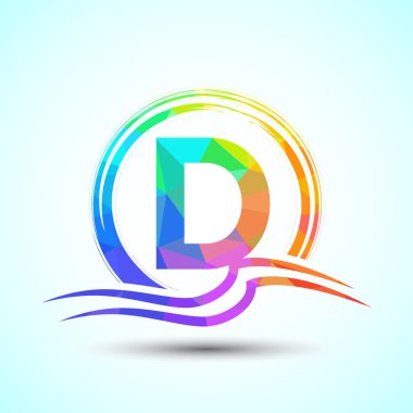 İlk harf D, su dalgaları ve güneş. Plaj logosu tasarımı
