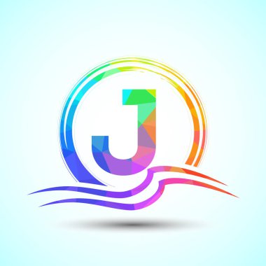 J harfinin baş harfi, su dalgaları ve güneş. Plaj logosu tasarımı