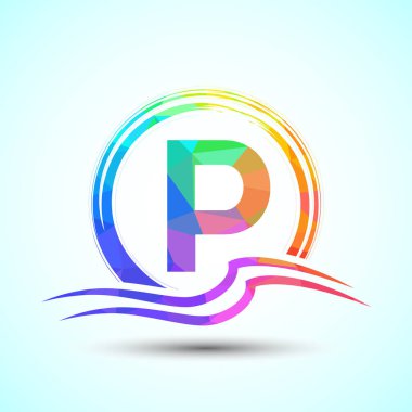 P harfinin baş harfi, su dalgaları ve güneş. Plaj logosu tasarımı
