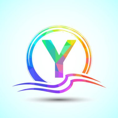 Y harfinin baş harfi, su dalgaları ve güneş. Plaj logosu tasarımı