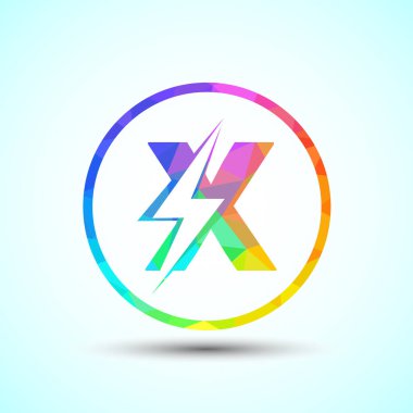 Çokgen X harfi logo tasarımı yıldırımlı, elektrik cıvata logosu şablonu