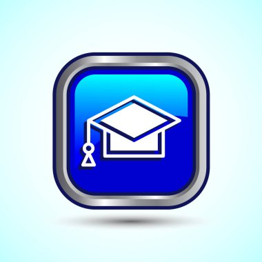 Mezuniyet Şapkası Tasarım İllüstrasyonu, Uygulamalar ve Web siteleri için Akademik Kapak Simgesi, Mavi Renk Kare Tasarımı