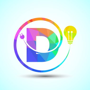 Elektrik ampullü ve fişi takılı İngiliz alfabesi D. Düşük polimerli elektrik ve teknoloji logosu