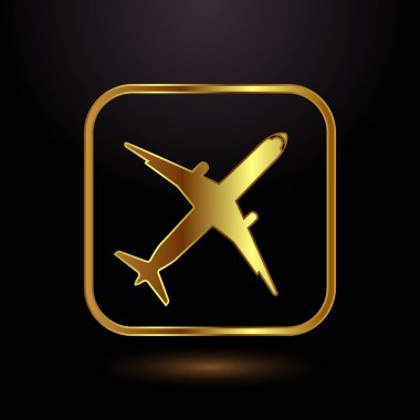 Uçak ikonu tasarımı çizimi. Uçuş taşıma işareti altın rengi 