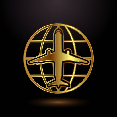 Uçak ikonu tasarımı çizimi. Uçuş taşıma işareti altın rengi 