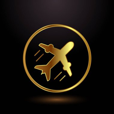 Uçak ikonu tasarımı çizimi. Uçuş taşıma işareti altın rengi 