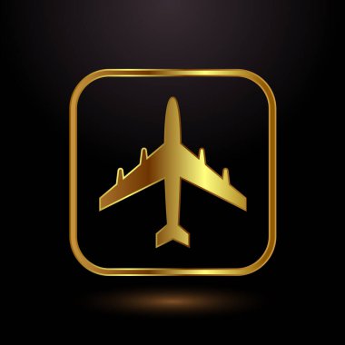Uçak ikonu tasarımı çizimi. Uçuş taşıma işareti altın rengi 
