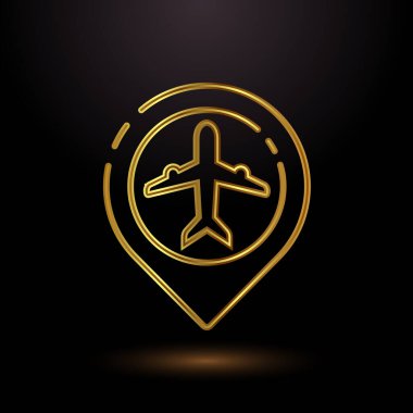 Uçak ikonu tasarımı çizimi. Uçuş taşıma işareti altın rengi 