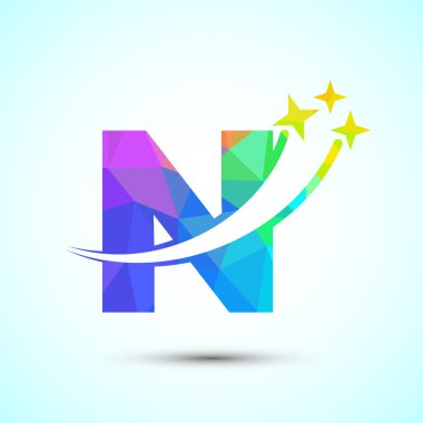 İngiliz alfabesi N harfi ve yıldız işareti. Kayan yıldız logosu tasarımı düşük poli biçimi
