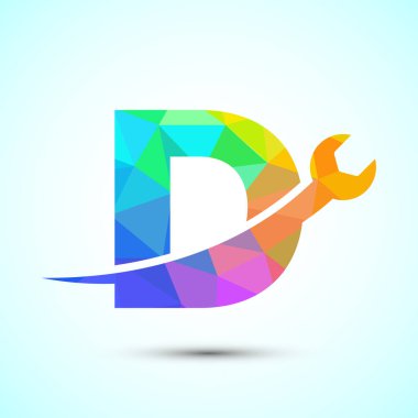 İngiliz anahtarlı grafiksel alfabe D. Mekanik, teknoloji, onarım hizmetleri için logo, otomotiv işi düşük poli stili
