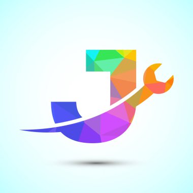 İngiliz anahtarlı grafiksel alfabe J. Mekanik, teknoloji, onarım hizmetleri için logo, otomotiv işi düşük poli stili