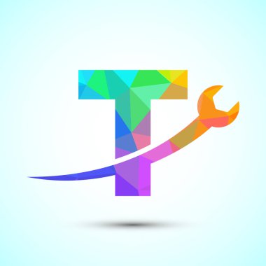 İngiliz anahtarlı grafiksel alfabe T. Mekanik, teknoloji, onarım hizmetleri için logo, otomotiv işi düşük poli stili