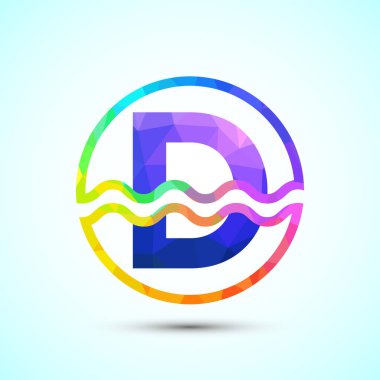 Su dalgalarıyla çevrili bir dairede D alfabesi. Su dalgası logosu tasarımı düşük poli biçimi