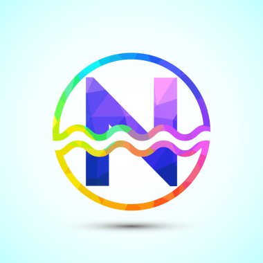 İngiliz alfabesi N, su dalgalarıyla çevrili bir daire. Su dalgası logosu tasarımı düşük poli biçimi