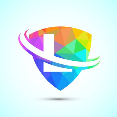 İngiliz alfabesi L, kalkan ve swoosh ile. Yaratıcı modern logo tasarımı düşük poli stili