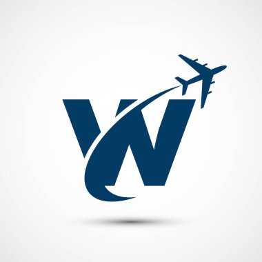 Alfabe W ve havacılık uçağı. Seyahat ikonu. Havacılık logosu işareti, uçan sembol. Uçuş simgesi