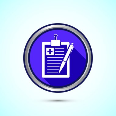 Tıbbi rapor ikonu tasarım illüstrasyonu, teşhis raporu ikonu, tıbbi reçete. Mavi Gölge Düğmesi Tasarımı