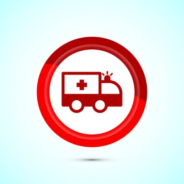 Ambulans simgesi tasarımı. Acil durum arabası, ilaç kamyonu sembolü. Kırmızı Düğme Tasarımı