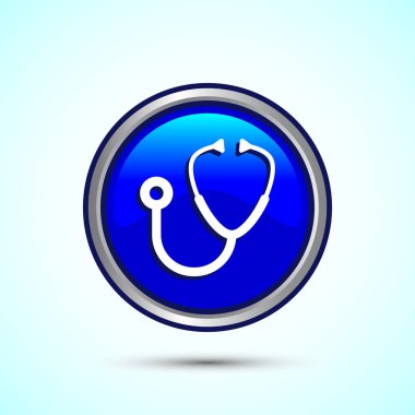 Stetoskop tasarım çizimi. Doktor stetoskop tıbbi cihaz simgesi, Mavi Renkli Yuvarlak Düğme Tasarımı