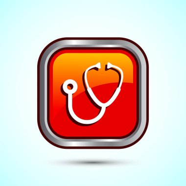 Stetoskop tasarım çizimi. Doktor stetoskop tıbbi cihaz simgesi, Turuncu Renk Kare Düğme Tasarımı