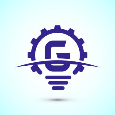 Elektrik ampulü ve dişli levhası olan İngiliz alfabesi G. Yaratıcı fikir logosu kavramı