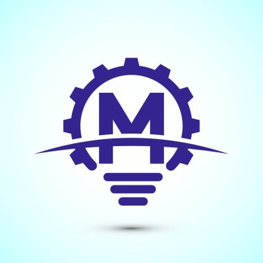 Elektrik ampulü ve dişli levhası olan M alfabesi. Yaratıcı fikir logosu kavramı