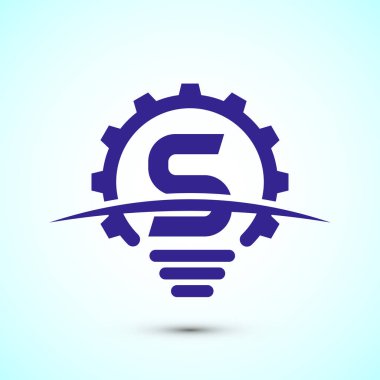 Elektrik ampulü ve dişli levhası olan İngiliz alfabesi S. Yaratıcı fikir logosu kavramı