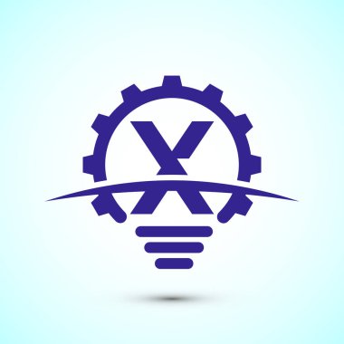 Elektrik ampulü ve dişli levhası olan İngiliz alfabesi X. Yaratıcı fikir logosu kavramı