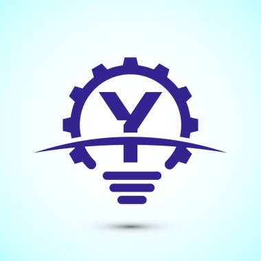 Elektrik ampulü ve dişli levhası olan Y alfabesi. Yaratıcı fikir logosu kavramı