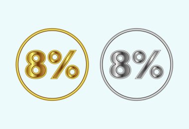 Eight percent icon, 8 percent sign symbol in gold and silver color clipart