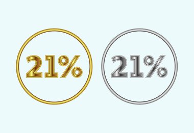 21 percent icon, 21 percent sign symbol in gold and silver color clipart