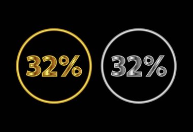 32 percent icon, 32 percent sign symbol in gold and silver color clipart