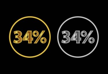 34 percent icon, 34 percent sign symbol in gold and silver color clipart