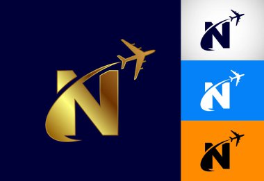 Alfabe N ve uçak. Seyahat ikonu. Havacılık logosu işareti, uçan sembol. Çoklu renk varyasyonlu uçuş simgesi